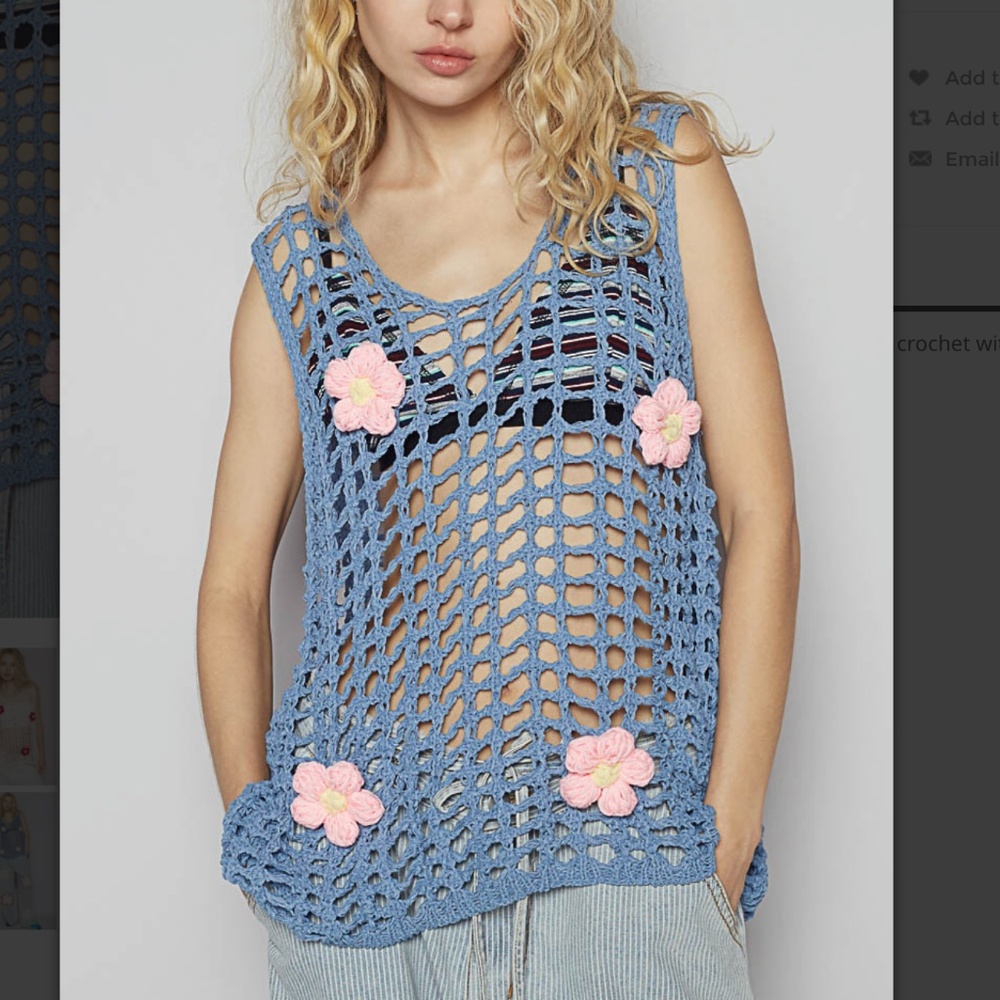 POL Blue Crochet Sweater with Pink Flowers